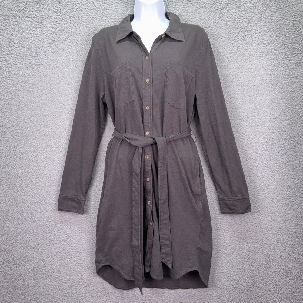 Faherty Shirt Dress Womens L Charcoal Gray Organic Cotton Belted Utility Safari
